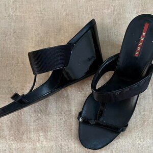 Vintage Prada Black Wedge Sandals Size 37